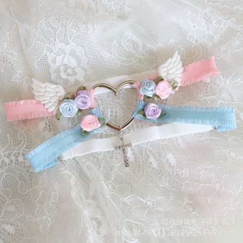 Angelic Rosebud Garter Belts - Blue & Pink Angel