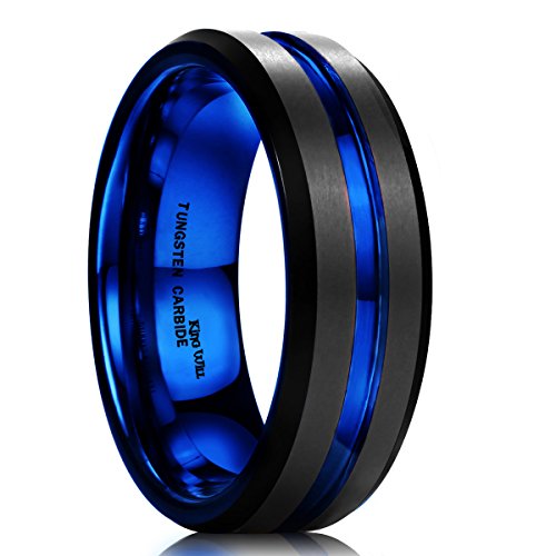 King Will 8mm Black/Purple/Silver/Blue Groove Mens Tungsten Carbide Rings Groove Center Matte Brushed Surface Men Wedding Bands Beveled Edge - 7mm - 7
