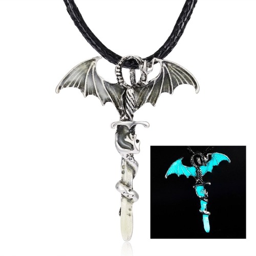 Dragon Glow In Dark Pendant Rope Necklace - Blue-Green