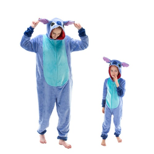 Snug Fit Unisex Adult Onesie Pajamas, Flannel Cosplay Animal One Piece Halloween Costume Sleepwear Homewear - Blue Stitch Large