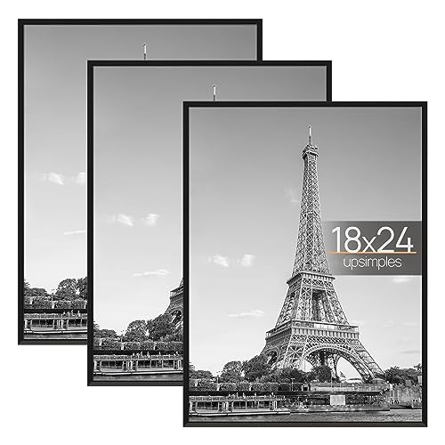 upsimples 18x24 Frame Black 3 Pack, Poster Frames 18 x 24 for Horizontal or Vertical Wall Mounting, Scratch-Proof Wall Gallery Photo Frame - Black - 18x24