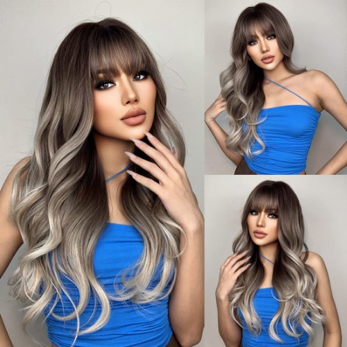 Ombre Blonde Wig with Bangs Long Ombre Brown and Blonde Wigs for Women Synthetic Wavy Ash Blonde Wigs for Daily Party 24 Inch Cosplay - ( Ombre Brown Ash Blonde B )