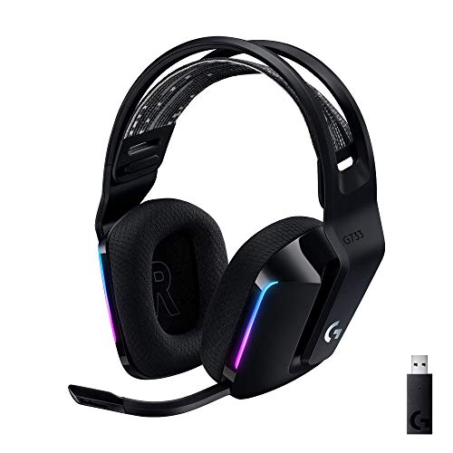 Logitech G733 Lightspeed Wireless Gaming Headset with Suspension Headband, Lightsync RGB, Blue VO!CE mic technology and PRO-G audio drivers - Black - Black