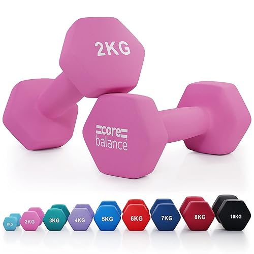 Core Balance Dumbbell Pair Hex Weight Neoprene Coated Cast Iron Strength Training (2 x 1kg, 2kg, 3kg, 4kg, 5kg, 6kg, 7kg, 8kg, or 10kg) - 2 x 2kg - Pink