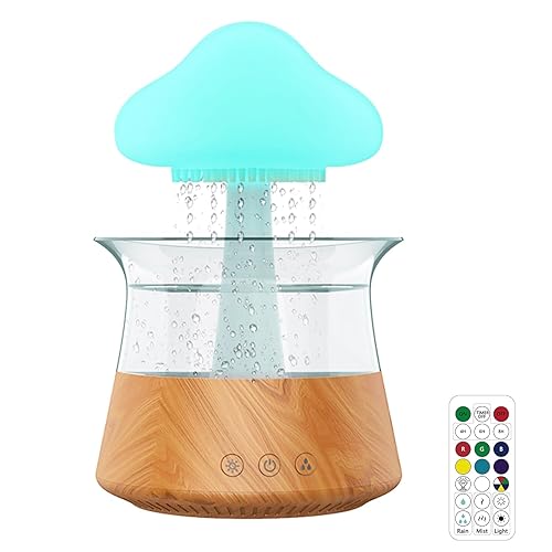 PAIKOE Cloud Rain Humidifier, Colorful Light Raindrop Aroma Diffuser Humidifiers with 7 Color Changing Lights Desktop Fountain Water Drop Sound for Home Office (Wood + Remote Control) - Wood + Remote Control