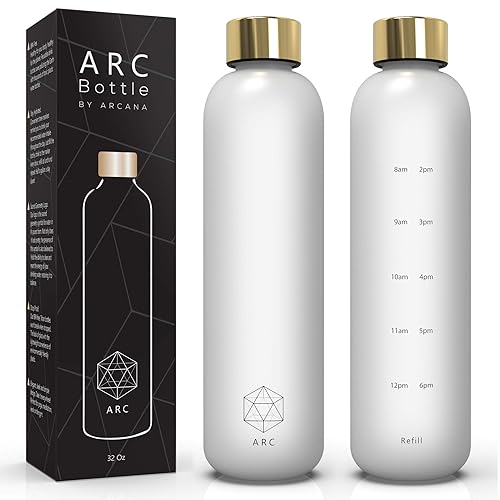Water Bottle With Time Marker - 32 OZ, 1 Liter, Motivational Reusable Water Bottles With Times To Drink - BPA Free Frosted Plastic - For Fitness, Sports, Gym, Travel And Outdoors - Leakproof, Durable - Gold