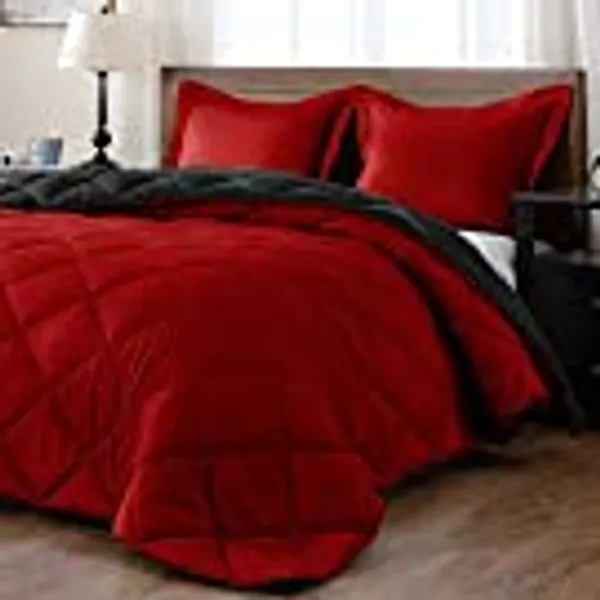 downluxe Lightweight Solid Comforter Set (King) with 2 Pillow Shams - 3-Piece Set - Red and Black - Down Alternative Reversible Comforter