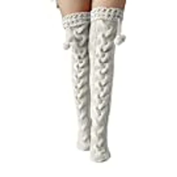 ujeer Winter Knit Thigh High Socks Cute Plush Ball Bowknot Over Knee Long Stockings Boot Cover Leg Warmers(6EE104771-W_GWX0929)
