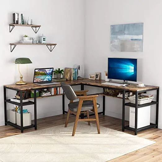 Amazon.com: Tribesigns 70 Inch Modern L-Shaped Desk with Bookcase, L Shapes Computer Desk Study Table Super Sturdy Workstation for Home Office with Hutch, Brown : Home & Kitchen