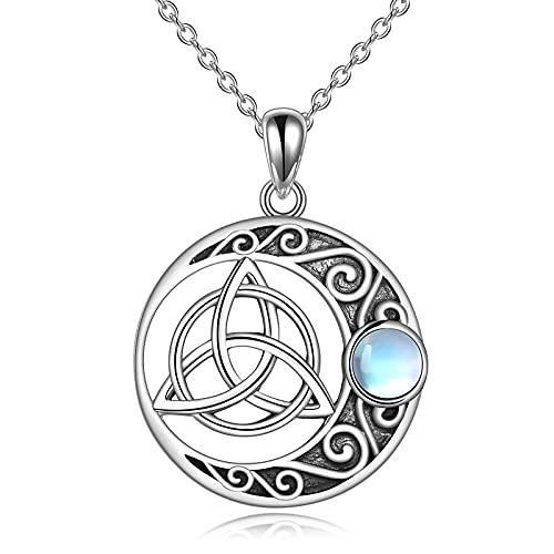 Moon Star Necklace Sterling Silver Irish Celtic Knot Crescent Moon Viking Jewelry for Women Men - Triquetra