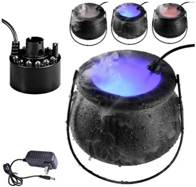 Qianderer Halloween Mist Maker, 12 Color Changing LED Light Halloween Witch Cauldron Fog Maker,Halloween Party Prop Decorations (Plastic)
