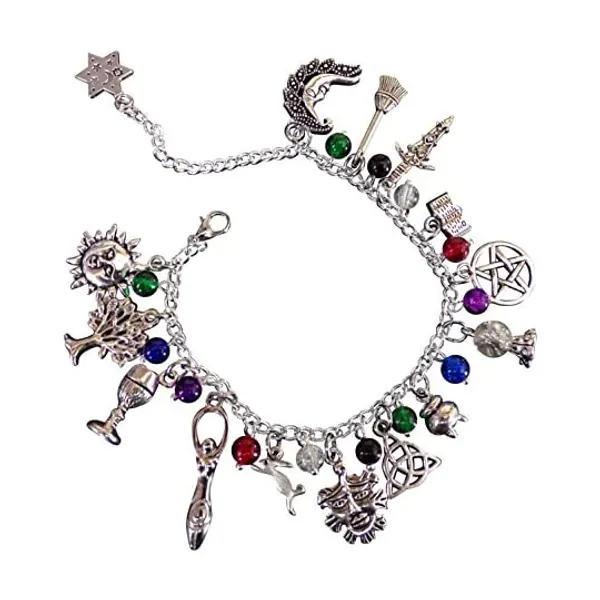 
                            dunns-jewels Pagan Silver-Plated Bracelet with 14 Antique Silver Charm with 6mm Glass Beads
                        
