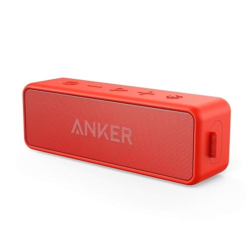 Anker SoundCore 2 Portable Bluetooth Speaker, Wireless, Enhanced Bass, 24-Hour Playtime, 66ft Range, IPX7 Water Resistant, Built-in Mic, Ideal for Travel , Compact and Easy to Use - Red - Red
