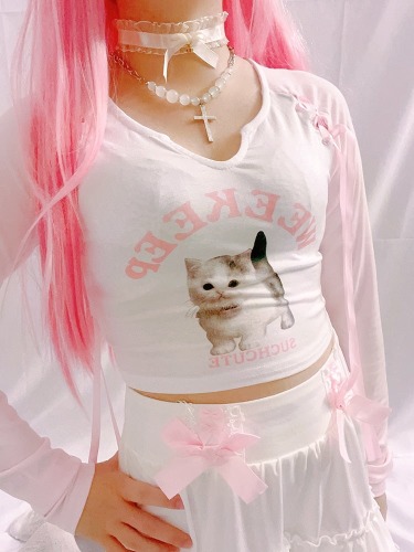 Pink Kitten Long Sleeve Crop Top - S