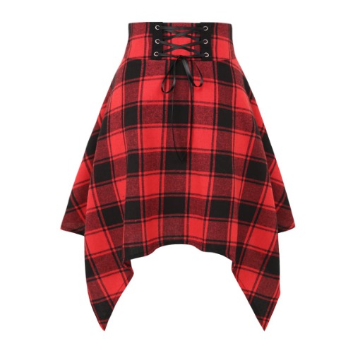 Plaid Skirt Irregular Hem Lace Up 