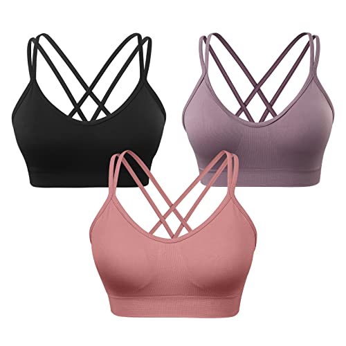 VEQKING Women's Cross Back Sports Bra Padded Strappy Medium Support Yoga Bra for Workout Fitness 3 Pack - 3pack(black+pink+purple) - M