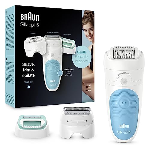 Braun Silk-épil 5 SensoSmart Epilator for Women For Hair Removal, Lady Shaver & Trimmer Head and Beginner Cap, Wet & Dry, 100% Waterproof, UK 2 Pin Plug, 5-610, White/ Blue