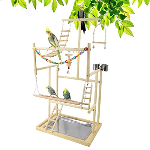 Joyeee Pet Parrot Playground, Large Parrot Perch Stand with Stainless Steel Parrot Feeding Cups Tray, Wooden Swing, Ladder, Bells, Colorful Plastic Chain for Pets Bird Play, 18.9" x 13" x 37.2" XL - #13