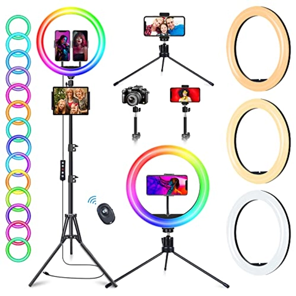 13'' Ring Light with Tripod Stand & Phone Holder, Selfie Ring Light Tall 63" Extended Tripod Stand LED Circle Ringlight with 50 RGB Mode 13 Brightness for Makeup YouTube Video Tiktok, Wireless Remote - 40 x 34 x 14 cm - white