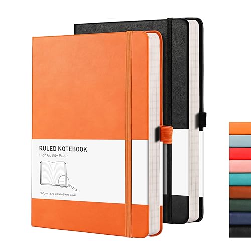 RETTACY Notebook A5 Lined Hardback 2 Pack - Thick Journal with 376 Numbered Paper, 2 Free Sticky Notes Divider,100gsm Paper,8 Perforated Sheets, Pen Loop, Inner Pocket, 14.5 x 21cm（Black Orange) - Black Orange - A5