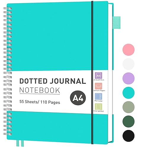 RETTACY A4 Notebook Bullet Dot Journal, Grid Dotted Notebook 110Pages /55 Sheets for Writing,Notepad with PVC Pocket, Pen Loop, Ruler, Bookmark for Women Work Office School, 21.5 x 27.9cm- Turquoise - Tiffani Blue - A4