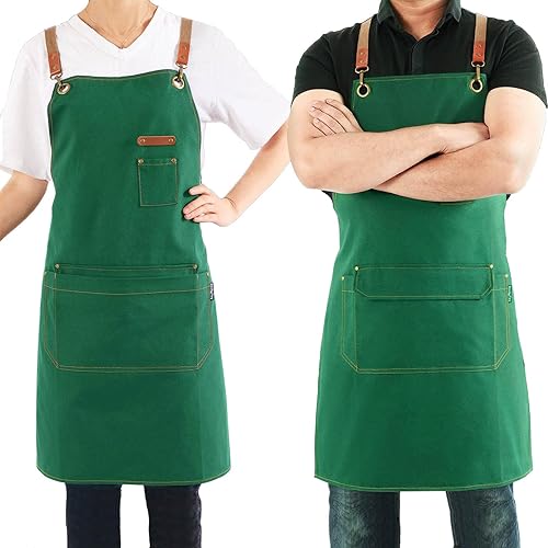Chef Apron for Men Women with Pockets | Adjustable Cross-Back Work Apron | Canvas Kitchen Cooking BBQ Apron | Barista Bartender Barber Professional Apron | Art Craft Gardening Florist Aprons - Green - Green