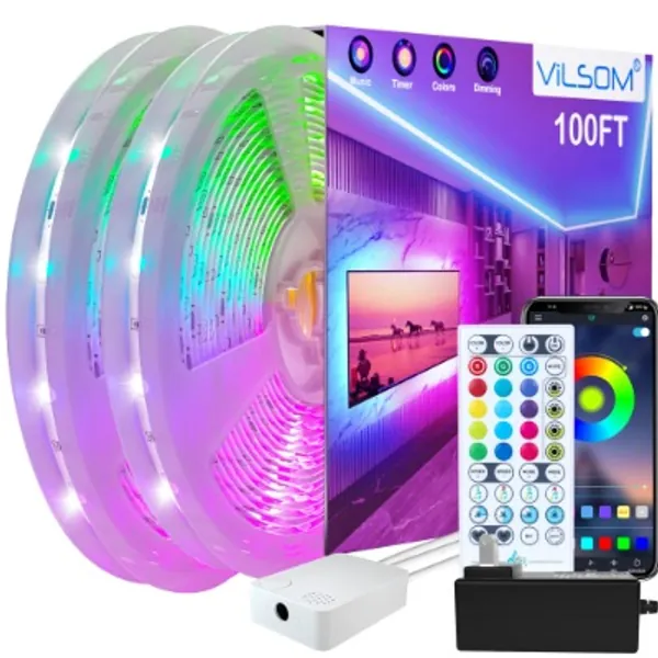 100ft LED Strip Lights, ViLSOM Ultra Long Music Sync Timing LED Lights for Bedroom, Kitchen, Bar, Ceiling, Dorm Room Decor with APP and Remote Control, RGB Color Changing LED Light Strips