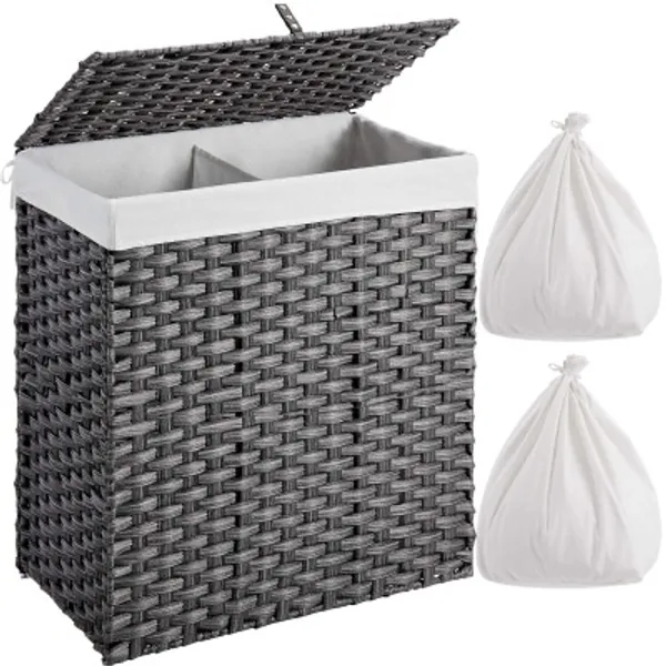 GREENSTELL Laundry Hamper with 2 Removable Liner Bags, Divided Clothes Hamper, 110L Handwoven Synthetic Rattan Laundry Basket with Lid and Handles, Foldable and Easy to Install Gray (22x12x24 Inches)