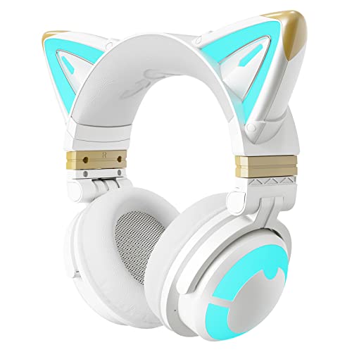 YOWU RGB Cat Ear Headphone 3G Wireless 5.0 Foldable Gaming Headset with 7.1 Surround Sound, Built-in Mic & Customizable Lighting and Effect via APP, Type-C Charging Audio Cable-White - White