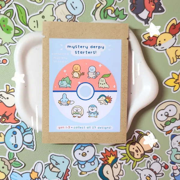 Poke Derpy Starters Mystery Blind Bag, Sticker Grab Bag, Gacha | Vinyl Waterproof Stickers for Bullet Journal, Planner, Laptop, Water Bottle