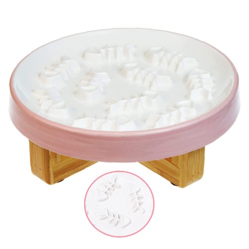 Raised Cat Dog Slow Feeder Bowl with Stand, Cat Bowls for Slow Eating, Ceramic Elevated Slow Feed Cat Bowls, Pet Bowl for Cat and Dog, Cat Puzzle Feeder for Healthy Eating Diet, 3'' High, 8.5'' Wide - Fish Bone-Pink