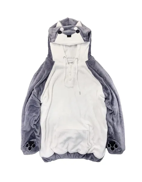 CORIRESHA Cute Coral Velvet Long Sleeve Shiba Inu Dog Home Wear Clothes Hoodie Sweatshirt with 3D Dog Ear and Dog Tail - Shibainu_grey Large