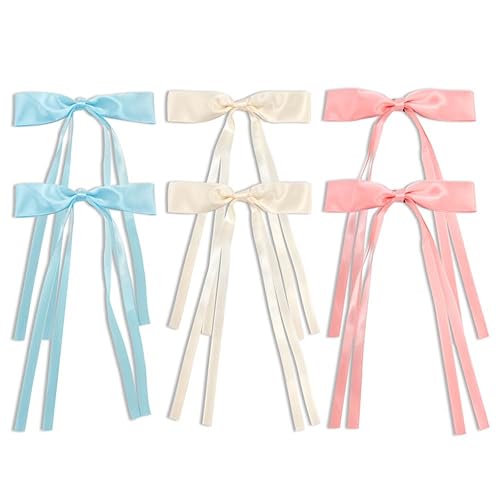 Ahoney 6pcs Satin Bow Hair Accessories - Ribbons with Bowknot Barrettes & Long Tails for Women and Girls (White/Blue/Pink) - White/Pink/Blue