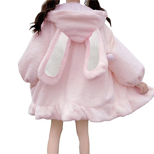 Women Cute Bunny Ear Long Sleeve Fuzzy Fluffy Rabbit Tops Sweatshirt Hoodie Jacket Coats - Large - Pink