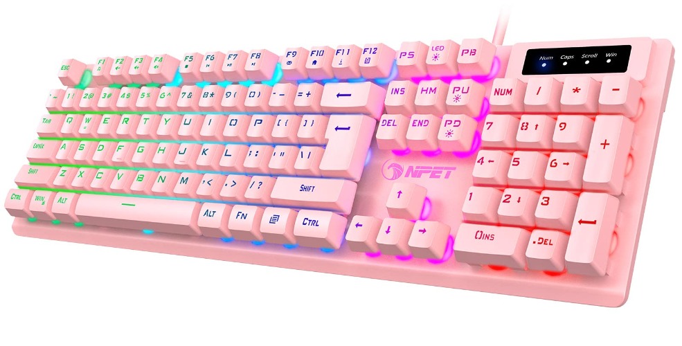 NPET K10 Wired Gaming Keyboard, LED Backlit, Spill-Resistant Design, Multimedia Keys, Quiet Silent USB Membrane Keyboard for Desktop, Computer, PC (Pink) - 