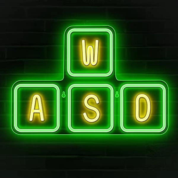 Lumoonosity WASD Neon Sign - Yellow/Green Keyboard Neon Lights - WASD Keycaps Led Sign for Wall, Bedroom, Video/PC Game Room Decor - Haning WASD Keys' Gaming Lights for Gamers, Streamers