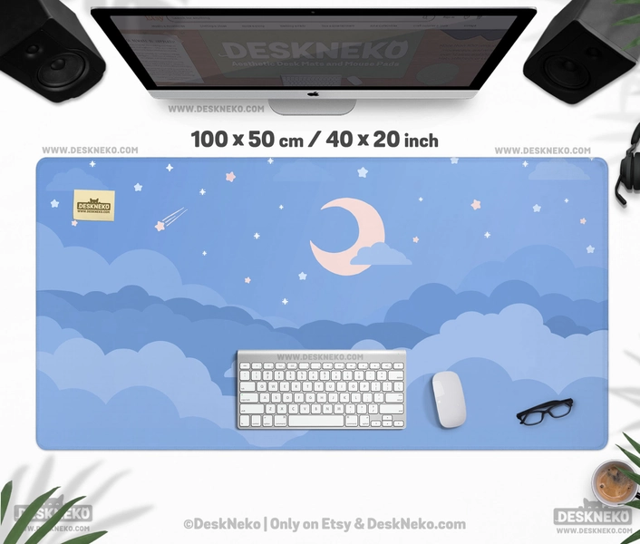 Cute Blue Desk Mat, Kawaii Clouds Mouse Pad, Large Mousepad Moon xxl, rgb/led keyboard matt xl, Pastel space moon, blueberry milk Aesthetic