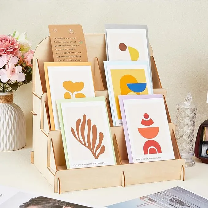6 Shelves Wooden Card Display Stand Self-Installing Business Card Display Rack Mini Craft Show Case Sticker Tape Organiser 30x20x30cm