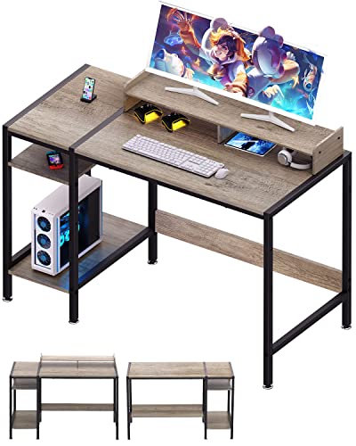 MINOSYS Computer Gaming Desk - 47" Home Office Desk with Storage, Writing Desk with Monitor Stand, Modern Simple Study Corner Table, Adjustable Storage Space, Gray - Light Gray - 47 inch
