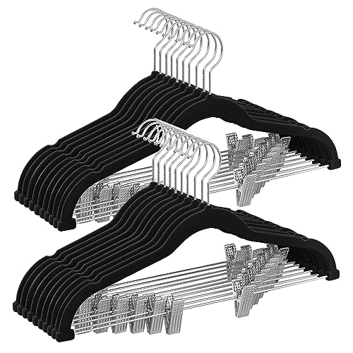SONGMICS 20-Pack Pants Hangers, 16.7-Inch Long Velvet Hangers with Adjustable Clips, Heavy-Duty, Non-Slip Skirt Hangers, Space-Saving for Pants, Skirts, Coats, Dresses, Black UCRF012B20 - Black - 20 Pack