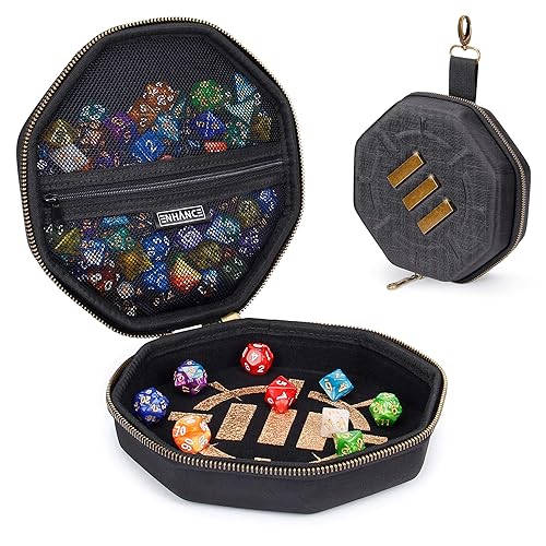 ENHANCE DnD Dice Tray and Dice Case - DnD Dice Holder for up to 150 D&D Dice with Rugged Hard Shell Exterior and Protective Soft Interior - Dice Rolling Tray Perfect for Game Night (Black) - Black