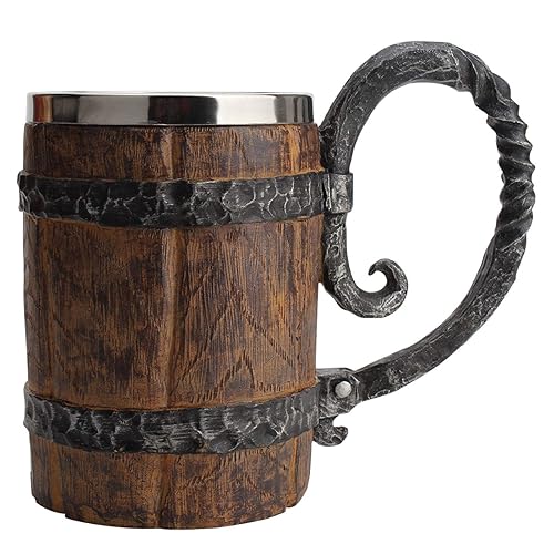 GeKLok Wooden Barrel Beer Mug, dwarven mug, Beer Mugs, Tankard, 650 ml Large Capacity Cocktail Mug for Bar Restaurant Retro Brown