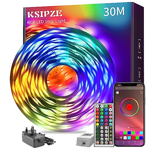 KSIPZE 30m Led Strip Lights RGB Music Sync Color Changing, Bluetooth Led Lights with Smart App Control Remote, Led Lights for Bedroom Room Lighting Flexible Home Decoration - 30M