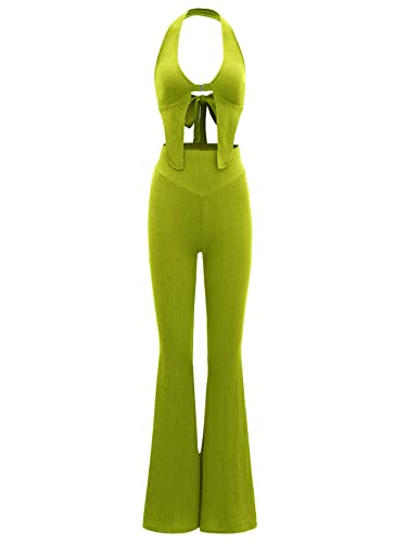 Verdusa Women's 2 Piece Outfits Tie Back Crop Halter Top and Wide Leg Pant Sets - Medium - Lime Green