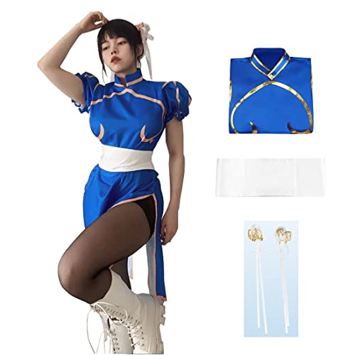 Game Fighter Cosplay Chun Li Cosplay Blue Cheongsam Battle Dress Halloween Costumes For Adults and Children - Adult 1 - Medium