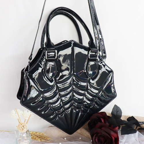 Spider Embroidery Mirrored Leather Shoulder Bag - Black