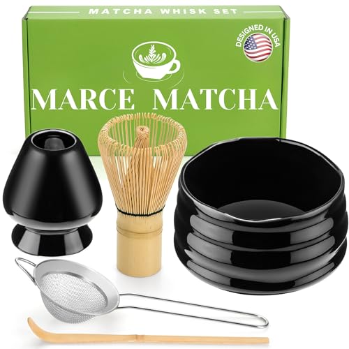 Marce Matcha Whisk Set- Matcha Whisk and Bowl, Matcha Sifter, Matcha Whisk Holder and Matcha Spoon- The Perfect Matcha Kit for Matcha Tea (Black) - Black