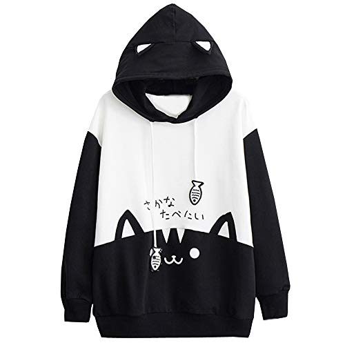 Whycat Women Hoodie Jumper Cute Kitty Cat Ear Sweatshirt Japanese Lettering Pullover Top Hooded Tops Blouse for Women Girls - L - Black