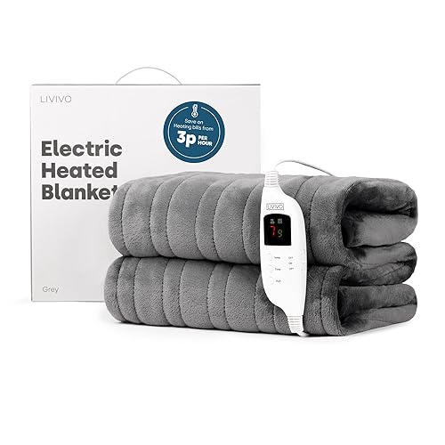 LIVIVO Heated Electric Over Blanket – Ultra Soft Micro Fleece Throw with Timer Function – 160x130cm - Easy to Use Detachable Digital Control - Machine Washable (Grey) - Grey