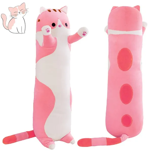 Cat Soft Pillow Plush Long Throw Sleeping Pillow Cotton Kitten Pillow Cuddly Stuffed Cute Plush Doll Toy Gift for Kids Girlfriend (Pink, 110cm/43.30Inch) - 110cm/43.30Inch Pink